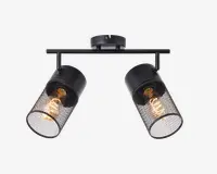 Et moderne loftarmatur med to justerbare cylindriske lampehoveder, hver med en sort metalskærm i netdesign. Armaturet er monteret på en rund base med en vandret stang, der forbinder de to lampehoveder. Netdesignet gør pærerne synlige, hvilket giver et industrielt udtryk og god lysspredning.