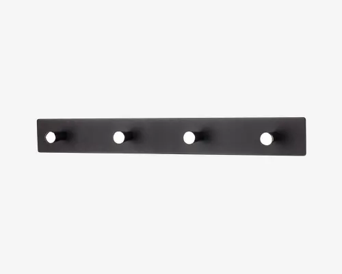 En elegant, moderne vægmonteret knagerække i mat sort metal med fire jævnt fordelte cylindriske knager. Hver knage har en afrundet ende, som giver et sikkert ophæng til ting. Det minimalistiske design passer godt til moderne indretning.