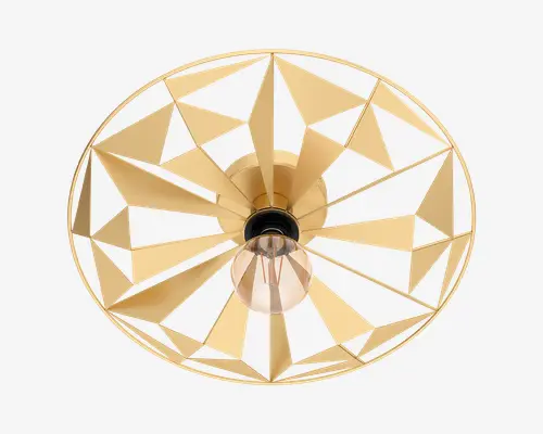 Loftlampe med et moderne, geometrisk design. Lampen har en cirkulær ramme i guldfarvet metal med trekantede segmenter, der stråler ud fra midten og danner et solstrålemønster. Pæren er synlig og placeret centralt, hvilket giver lampen et industrielt udtryk.