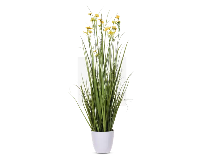 Høj kunstig plante med lange, slanke grønne stængler og små gule blomster, arrangeret i en enkel hvid potte. Planten har et naturligt, opretstående udseende og er velegnet til indendørs dekoration.