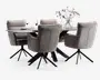 Billedet viser et moderne spisebordssæt med et rektangulært bord med mørk, mat overflade og skrå sorte metalben. Rundt om bordet står fire polstrede stole i blødt, neutralt gråt stof, hver med høj ryg, polstret sæde og armlæn for komfort. Stolene har sorte metalstel med drejefunktion og fire ben. Bordet er dækket med glas, tallerkener og en dekoration bestående af en klar glasvase med fine lilla og hvide blomster.