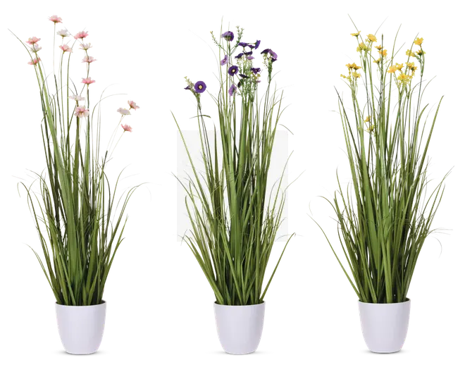 Tre arrangementer af højt, slankt kunstigt grønt græs med fine blomster i pastelrosa, lilla og gul, hver placeret i en enkel hvid cylindrisk potte. Blomsterne er små og spredt mellem græsstråene, hvilket giver et naturligt og friskt udseende. Potterne har en glat, blank overflade.