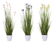 Tre arrangementer af højt, slankt kunstigt grønt græs med fine blomster i pastelrosa, lilla og gul, hver placeret i en enkel hvid cylindrisk potte. Blomsterne er små og spredt mellem græsstråene, hvilket giver et naturligt og friskt udseende. Potterne har en glat, blank overflade.