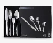 Et sæt med 24 dele bestik i rustfrit stål, herunder knive, gafler, spiseskeer og teskeer. Bestikket har et stilrent, moderne design med glatte, afrundede håndtag og en blank overflade. Sættet er pænt arrangeret i en sort præsentationsæske med individuelle rum til hver del.