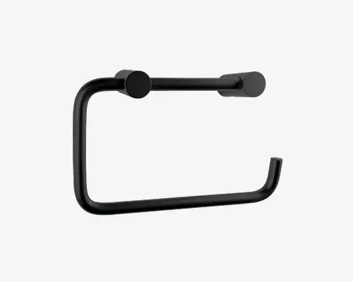 Elegant og moderne holder med mat sort finish, der har et minimalistisk, rektangulært design med afrundede kanter. Den åbne ende gør det nemt at sætte rullen på og tage den af, og den solide konstruktion sikrer holdbarhed. Monteringspunkterne er runde og sidder tæt på væggen for et stilrent udtryk.