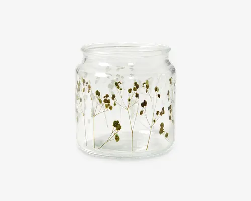 Klar glasbeholder med bred åbning og let udadbuet kant. Beholderen er dekoreret med fine, tørrede blomster og tynde stilke, som enten er indlejret i eller trykt på ydersiden, hvilket giver et naturligt og elegant udtryk. Glasset er glat og gennemsigtigt, så blomsterdetaljerne kan ses fra alle vinkler.