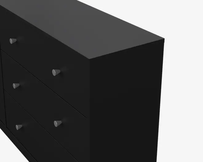 Mat sort, rektangulær enhed med tre rummelige skuffer, hver med to små, koniske sølvgreb. Designet er minimalistisk med rene, skarpe kanter og en glat overflade.