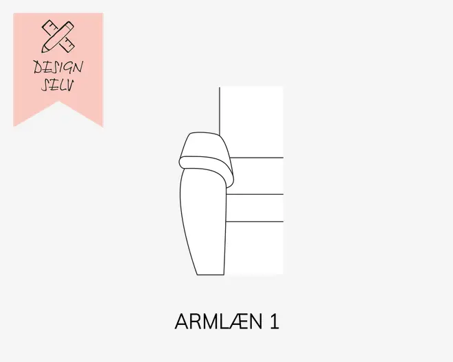 Illustration, der viser en sofa-arm med et afrundet, polstret design. Armlænet er tykt og buer udad, hvilket giver en behagelig støtte til armen. Ryglænet og sædet er tegnet med rene, lige linjer, hvilket indikerer en struktureret og støttende siddeplads.