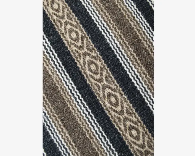 Nærbillede af et vævet tekstil med skiftevis diagonale striber i brune, beige, sorte og hvide nuancer. Mønstret indeholder teksturerede diamantformer i nogle striber og fine zigzaglignende linjer i andre, hvilket giver stoffet et rustikt og traditionelt udtryk.