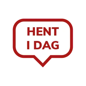 Et talebobleformet mærke med en tyk rød kant og hvid baggrund, hvor teksten 'HENT I DAG' står med fed rød skrift i midten. Designet er enkelt og tydeligt for at fremhæve budskabet.