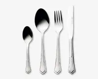 Sæt med fire blankpolerede bestikdele i rustfrit stål: en teske, en spiseske, en gaffel og en kniv. Hver del har et klassisk, let udsmykket skaftdesign med bløde kurver og en dekorativ kant nær enden. Overfladen er skinnende og reflekterende, hvilket giver et elegant og stilfuldt udtryk, der passer til formelle middage.