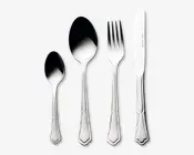 Sæt med fire blankpolerede bestikdele i rustfrit stål: en teske, en spiseske, en gaffel og en kniv. Hver del har et klassisk, let udsmykket skaftdesign med bløde kurver og en dekorativ kant nær enden. Overfladen er skinnende og reflekterende, hvilket giver et elegant og stilfuldt udtryk, der passer til formelle middage.