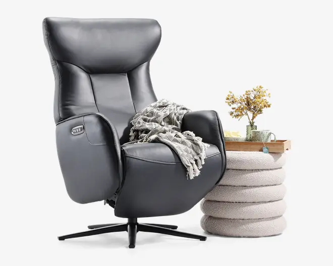 Drejestol m/indbygget fodskammel sort læder