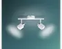 Moderne loftmonteret spotlampe med to justerbare cylindriske lampehoveder i mat hvid finish. Lampehovederne er fastgjort til en vandret stang og kan vinkles individuelt for at rette lyset efter behov. Lampen har et minimalistisk design med diskrete metaldetaljer ved basen af hvert lampehoved.
