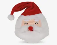 Blødt plysstykke formet som julemandens ansigt med en rød hat og hvid kvast, fyldig hvid skæg og overskæg, rund rød næse samt broderede lukkede øjne og øjenbryn, der giver et muntert udtryk.