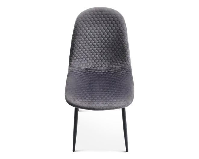 Stol med høj, afrundet ryg og sæde, begge polstret i et mørkegråt stof med et karakteristisk bikubemønster. Stolen har slanke, lige ben i en matchende mørk farve, hvilket giver et moderne og elegant udtryk.