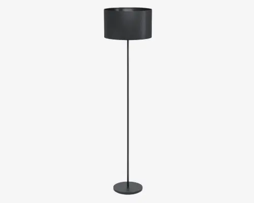Høj gulvlampe med et slankt, moderne design. Lampen har en cylindrisk sort lampeskærm, en tynd metalstang og en rund, flad fod for stabilitet. Det minimalistiske udtryk gør den velegnet til moderne indretning.