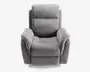 Blød, polstret lænestol betrukket med gråt stof. Har brede, polstrede armlæn, høj ryg med ekstra pude og en diskret vandret syning samt et dybt, støttende sæde. Stolen har et moderne design med bløde kurver og et solidt, indbydende udtryk.