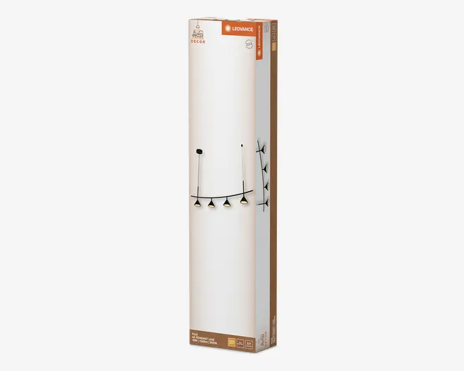 Høj, rektangulær emballage med et moderne sort skinnesystem med fem justerbare, kegleformede spotlys placeret på en buet stang. Æsken viser armaturets minimalistiske design og mat sorte finish, velegnet til moderne indretning.