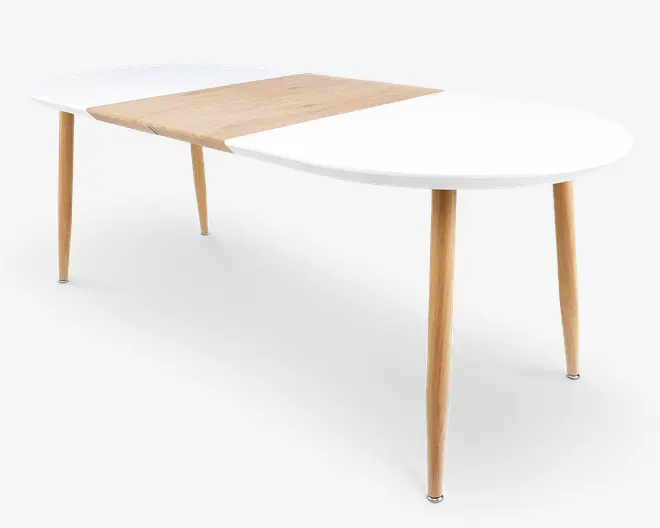 Moderne bord med hvid, afrundet bordplade og en lys træsektion i midten, båret af slanke, tilspidsede træben.