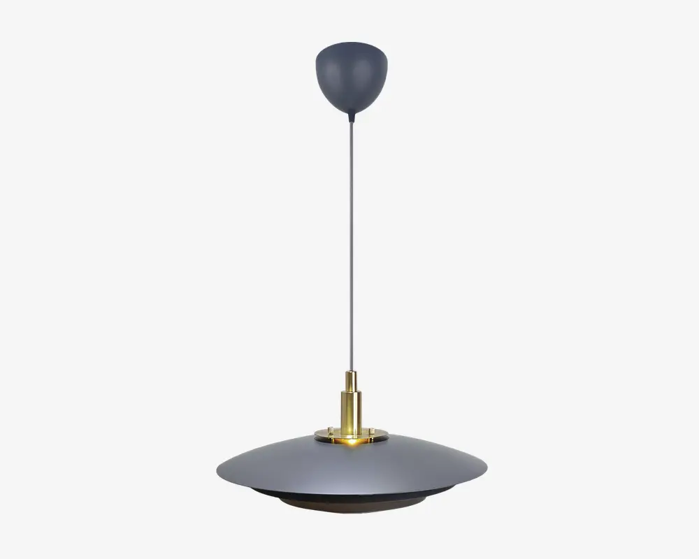 Et moderne pendellampe-armatur med en bred, lav, mat sort metalskærm og en guldfarvet detalje øverst, hvor skærmen møder stangen. Stangen er en slank, lige stang i samme mørke finish, der fører op til en rund, mat sort loftsroset. Designet er minimalistisk og nutidigt, velegnet til moderne indretning.