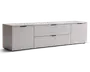 Rektangulær opbevaringsenhed med minimalistisk design og en glat, mat lysegrå finish. Den har to store skuffer i midten, hver med et slankt sort håndtag, samt to skabslåger på hver side med tilsvarende sorte håndtag. Enheden har rene linjer og en flad top, velegnet til moderne indretning.