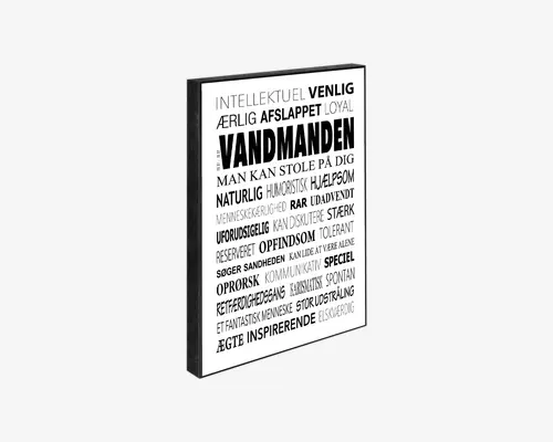 Rektangulært vægkunst med sort ramme, der viser en række danske ord og sætninger i forskellige fede og almindelige skrifttyper. Teksten er arrangeret på en visuelt interessant måde, hvor ordet 'VANDMANDEN' står meget fremhævet med store, fede bogstaver i midten. Typografien varierer i størrelse og vægt, hvilket giver et dynamisk og moderne udtryk. Baggrunden er hvid, og teksten er sort, hvilket giver et rent og minimalistisk udseende.
