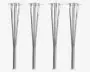 Sæt med fire moderne, polerede metalbordben med et slankt, konisk design. Hvert ben består af fire smalle stænger, der samles i bunden og spreder sig ud foroven, hvilket giver både stabilitet og et moderne udtryk. Benene har monteringsplader i begge ender for sikker fastgørelse til møbler.