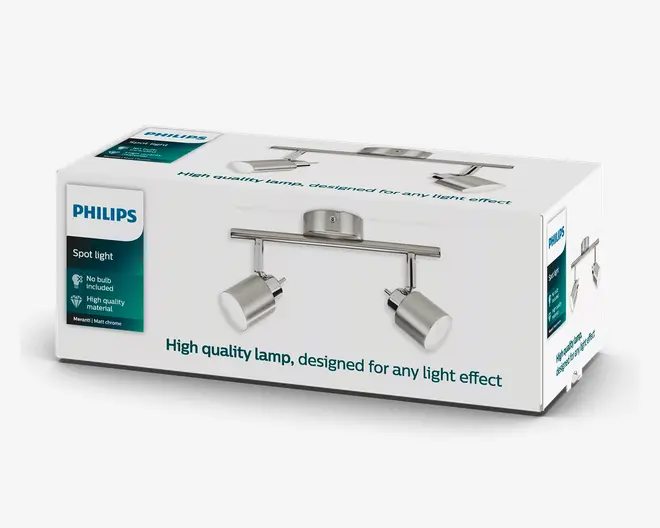 Philips-produktæske med en forkromet loftslampe med to justerbare cylindriske spots på en vandret skinne og en rund monteringsbase. Emballagen er hvid med turkise detaljer og tekst, der angiver høj kvalitet og at pære ikke medfølger.
