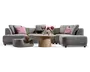 Lysegrå modulopbygget hjørnesofa med afrundede armlæn og dybe sædehynder, stylet med rosa og grønne pyntepuder, et rundt sofabord i træ og en matchende kæledyrsseng.