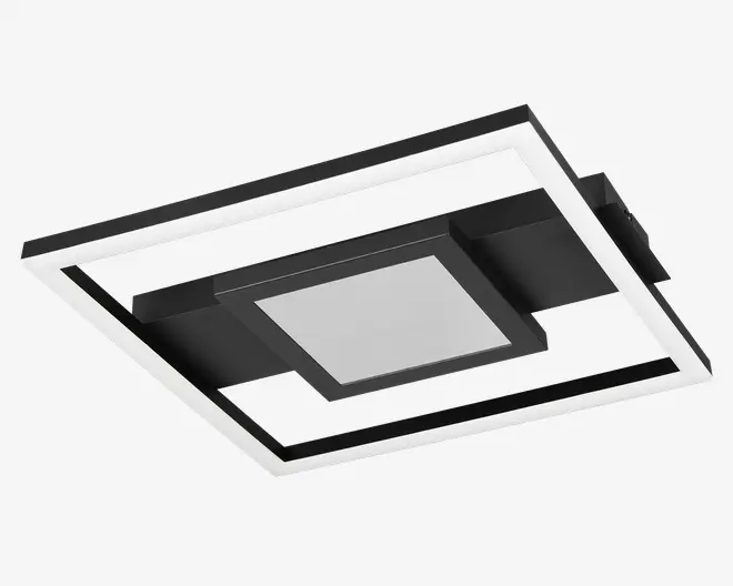 Moderne loftarmatur med et geometrisk design bestående af en sort firkantet ramme og en central matteret diffuser. Den ydre ramme har integreret LED-belysning langs den indvendige kant, hvilket giver jævn belysning. Armaturet har et slankt, minimalistisk udseende, der passer til moderne indretning.