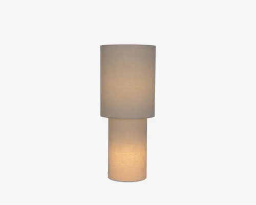 En moderne cylindrisk lampe i to niveauer med en større struktureret råhvid skærm øverst og en mindre varm beige, oplyst sektion nederst.