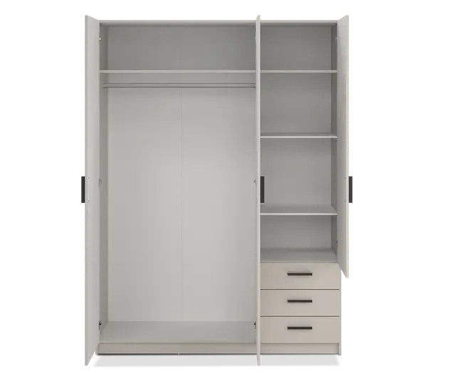 Et garderobeskab med et moderne, minimalistisk design i en lys farve. Venstre side har et stort åbent rum med bøjlestang og en hylde øverst til opbevaring af tøj eller tilbehør. Højre side har tre åbne hylder til foldet tøj eller opbevaringskasser, og nederst er der tre skuffer med slanke, vandrette sorte greb til ekstra skjult opbevaring.