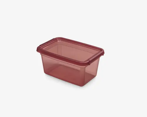 Rektangulær, halvgennemsigtig plastikbeholder med matchende rødt låg. Beholderen har glatte sider og afrundede hjørner, hvilket gør den nem at rengøre. Låget slutter tæt, hvilket hjælper med at holde indholdet frisk og forhindre spild. Velegnet til opbevaring af mad eller andre småting.