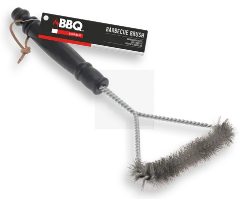 En rengøringsbørste med et langt, sort, ergonomisk formet håndtag og en læderstrop til ophængning. Børstehovedet er lavet af snoet metaltråd med tætte, stive børster, der er formet som en trekant, hvilket gør den effektiv til at skrubbe og nå ind i hjørner.