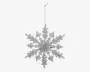Et dekorativt ophængsornament formet som en snefnug, dækket af sølvglimmer for en glitrende effekt. Snefnugget har indviklede, symmetriske grene og en central kerne, med en tynd sølvsnor fastgjort øverst til nem ophængning. Overfladen er tekstureret og reflekterende, hvilket giver et festligt udseende.