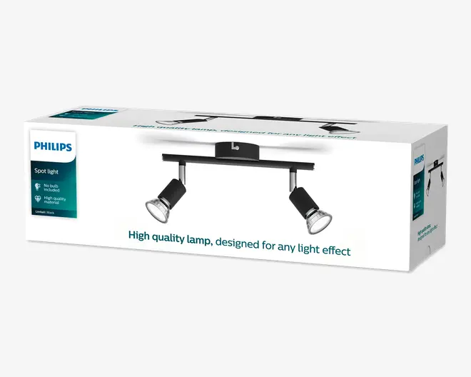 Philips spotlys-emballage med en sort loftsarmatur med to justerbare lyskilder; æsken angiver, at pære ikke medfølger, og at den er lavet af materialer i høj kvalitet.
