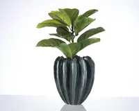 En dekorativ plante med brede, blanke grønne blade, der er arrangeret i lag, placeret i en mørk, riflede keramikkrukke med lodrette striber. Krukken har en rund form og en skinnende overflade, hvilket giver et moderne og elegant udtryk.