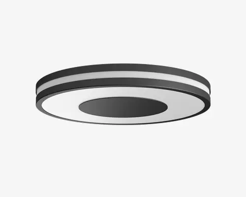 Moderne, cirkulær loftlampe med et slankt, lavprofileret design. Lampen har et sort og hvidt farveskema med en bred, hvid oplyst ring omgivet af sorte kanter. Midten består af en solid sort skive, hvilket giver et moderne og minimalistisk udtryk. Yderkanten har også et hvidt oplyst bånd, som forbedrer den omgivende belysning.