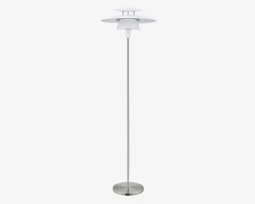 Høj gulvlampe med en slank, børstet metalfod og stang. Lampen har en karakteristisk, hvid skærm i flere lag med geometriske, overlappende skiver, der spreder lyset jævnt. Designet er moderne og minimalistisk, velegnet til nutidige indretninger.