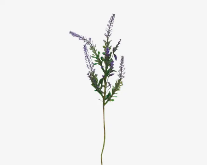En enkelt kunstig lavendelstilk med flere smalle grønne blade og flere aflange klaser af små, fine lilla blomster. Stilken er lige og tynd med en realistisk tekstur og farve, velegnet til brug i blomsterarrangementer eller som boligindretning.