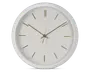 Rund vægur med hvid ramme og urskive, udstyret med minimalistiske guldfarvede time-markeringer og slanke guldfarvede visere til timer, minutter og sekunder. Designet er enkelt og moderne uden tal eller ekstra dekorationer.
