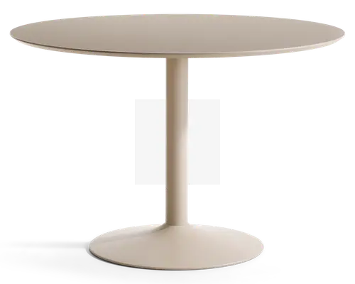 Rundt bord med en glat, mat beige overflade og en enkelt central piedestalbase. Basen er bred og cirkulær, hvilket giver stabilitet, og designet er minimalistisk og moderne med rene linjer uden synlige beslag eller udsmykning.