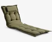 Tykt, olivengrønt polstret underlag med segmenteret design til støtte for hoved, ryg og ben. Har en indbygget, justerbar hovedpude, der er fastgjort med stropper og knapper. Overfladen er let kviltet for ekstra komfort, og kanterne er pænt syet for holdbarhed. Velegnet til udendørs- eller loungemøbler.