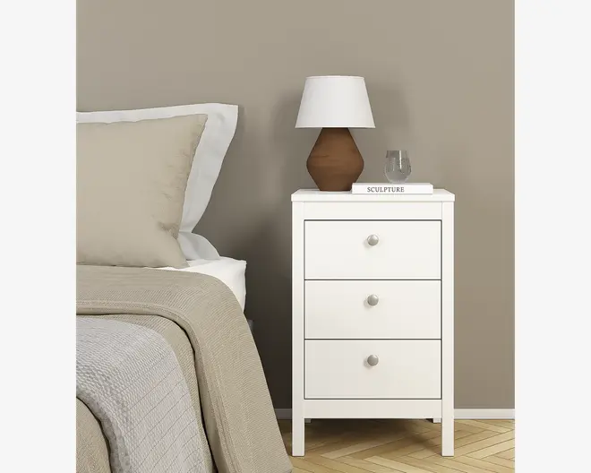 Sengebord Madrid hvid med 3 skuffer