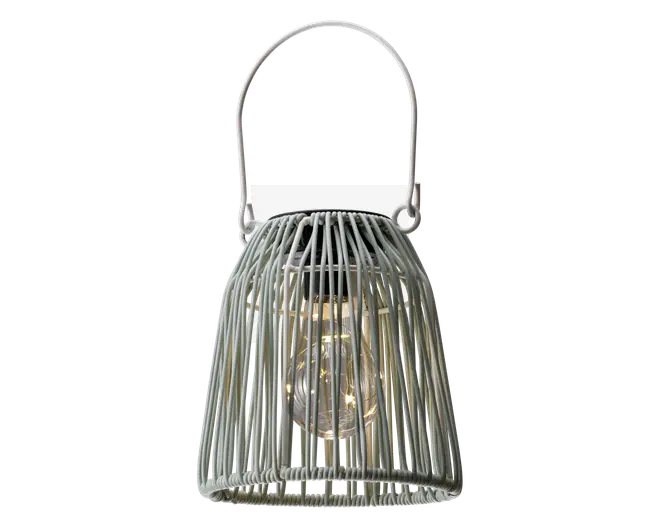 Lanterne med en lys grå, åben metalramme i kuppelform, udstyret med et solidt håndtag til nem transport eller ophængning. Designet gør pæren synlig og giver et dekorativt og let udtryk. Velegnet til både indendørs og udendørs brug.