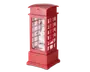 Rektangulær dekorationsgenstand udformet som en klassisk britisk rød telefonboks med klare vinduespaneler på alle sider. Indeni står en snemand med sorte arme, sort hat og røde knapper omgivet af kunstig sne. Basen og toppen er solid rød med præget stjernedetaljer, og overfladen er blank. Velegnet til jule- eller vinterdekoration.