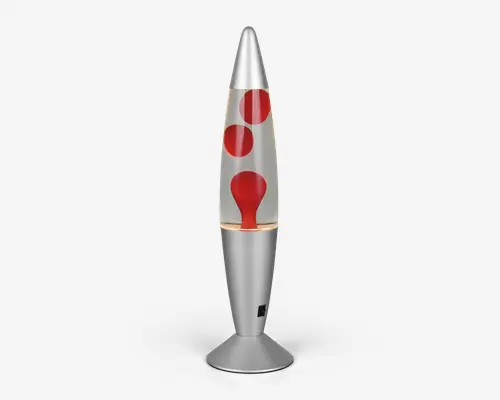 En dekorativ lampe med raketformet design, der har en metallisk sølvfarvet base og top. Den gennemsigtige midtersektion indeholder røde voksbobler, som flyder og ændrer form, når de opvarmes, hvilket skaber en dynamisk visuel effekt. Lampen har en glat, moderne finish og en stabil, bred base.
