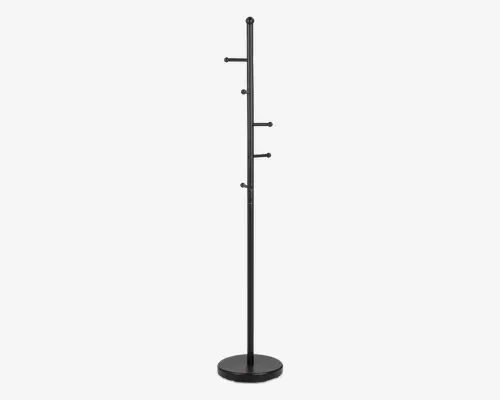 Høj, slank sort metalstander med en rund, solid base. Har flere korte, vandrette arme i forskellige højder til ophængning af genstande. Minimalistisk og moderne design, velegnet til organisering af jakker, hatte eller tilbehør.