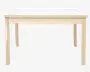Rektangulært bord med en glat, hvid bordplade og ben samt ramme i lyst, naturligt træ. Designet er minimalistisk og moderne med lige kanter og rene linjer. Benene er firkantede og solide, hvilket giver stabil støtte.